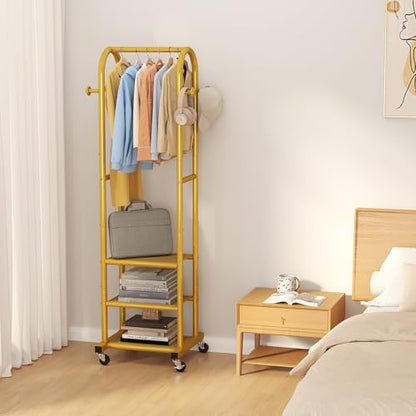 Dttwacoyh Clothing Rack with Wheels,Narrow Metal Garment Rack,Gold | Easy to install, 71.8 Inches Display Rack with 4 Side Hooks & 3 Shelves,for Small Flats, Bedroom, Entryway,Gold Clothes Rack - color: Gold