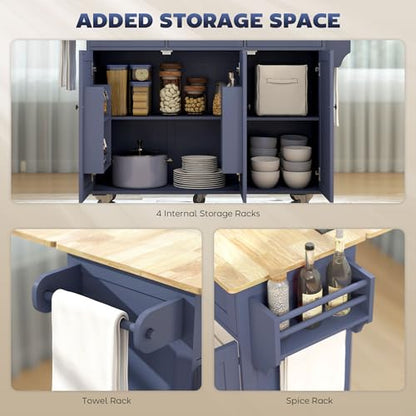 HOMCOM Kitchen Island with Drop Leaf and Power Outlet, Rolling Cart with Storage Cabinets, Solid Wood Island Table on Wheels for Kitchen with 3 Drawers, Towel Bars, Spice Rack, Dark Blue - color: Dark Blue
