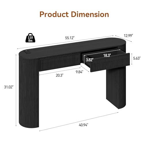 55" Fluted Console Table with 2 Drawers & LED Lights,Entryway Tables with Charging Station,Narrow Sofa Table Behind Couch,Mid-Century Modern Foyer Table for Entryway, Hallway, Living Room(Black) - color: Black