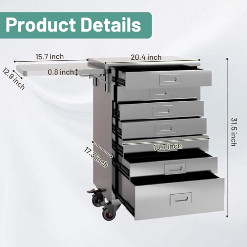 Medical Dental Assistant’s Alabama Mobile Utility Cart, Stainless Steel Storage Cabinet – 7 Drawer with Side Shelf & Handle for Professional Instrument Storage