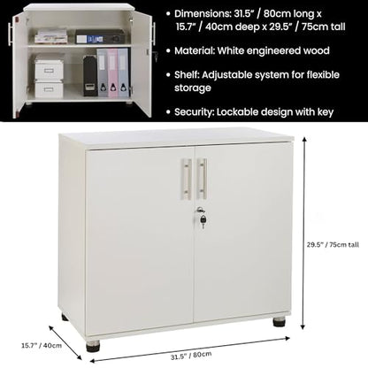 MMT Storage Cupboard, Storage Cabinet, File Cabinet for Office Documents, Garage Tools, Utility, White Wood, Lockable, 31.5" Long