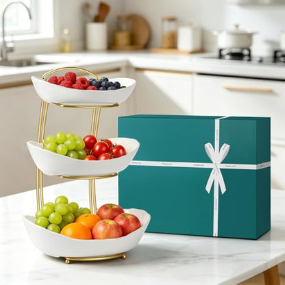 Fruit Bowl for Kitchen Counter - 3 Tier Ceramic Fruit Rack, Fruit Basket for Fresh Fruit&Veggies, Tiered Fruit Platter Serving Trays for Party - color: White