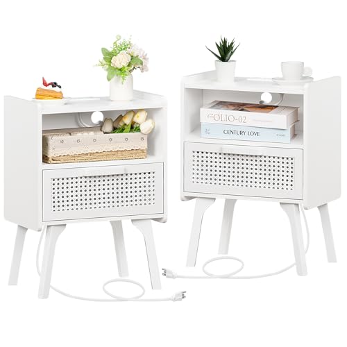 Lerliuo Rattan Nightstands set of 2 with Charging Station, Side Table with Drawer Open Shelf, Cane Accent Bedside End Table with Solid Wood Legs, Night Stand for Bedroom, Dorm and Small Spaces (White) - color: White, size: 2 pack