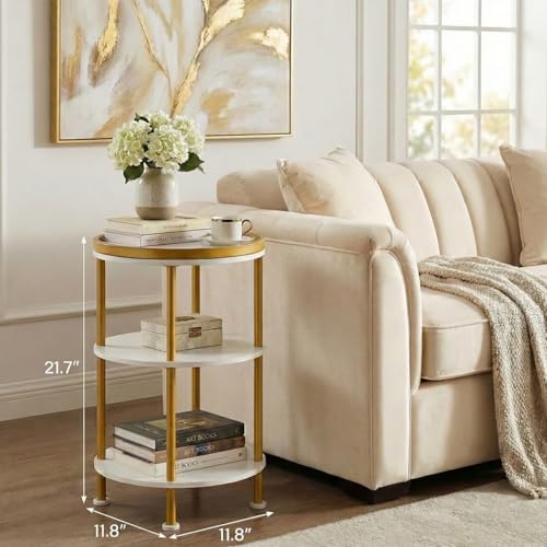 Small Round Side Table, Gold Round End Table with White Shelves, 3-Tier Modern Nightstand for Bedroom & Living Room, 21.7" H Narrow Gold Accent Table for Small Spaces, Dorm, Nursery (White & Gold) | Gold Round End Table with White Shelves, Nightstand for