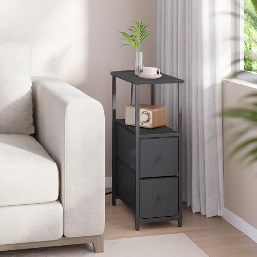 TUTOTAK Small Narrow End Table with Charging Station, Set of 2, Side Table with Outlets, Nightstand with 2 Cloth Drawers, Couch Table, for Living Room, Bedroom, Bedside, Black TB01BK055 - color: Black, style: 2 Drawers & Plug