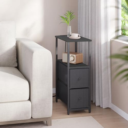 TUTOTAK Narrow End Table, Skinny Side Table with Charging Station | Bedside Table with Outlets, Slim Nightstand with 2 Cloth Drawers for Small Space, Living Room, Bedroom, Black TB01BK085 - color: Black, size: 1 Pack (2 Drawers), style: With Plug