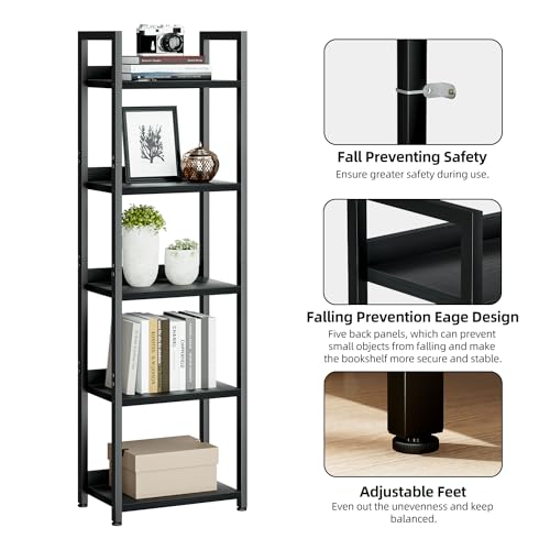NUMENN Narrow Bookshelf, 5 Tier Bookshelves, Home Office Bookcase Shelf Storage Organizer, Free Standing Storage Shelving Unit for Bedroom, Living Room and Home Office, Black | Open Storage Bookcase, Home Office Display Shelf Organizer for Bedroom&Living