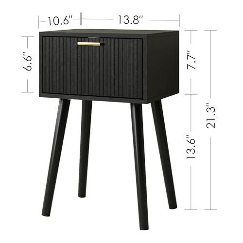 Night Stand Set 2, Black Nightstand with Fluted Doors, Small Modern Mid-Century Bedside Table for Bedroom, End Table for Living Room - color: Black