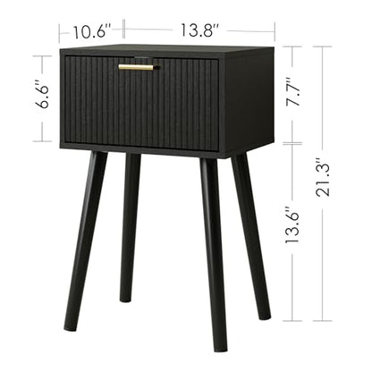 Night Stand Set 2, Black Nightstand with Fluted Doors, Small Modern Mid-Century Bedside Table for Bedroom, End Table for Living Room - color: Black