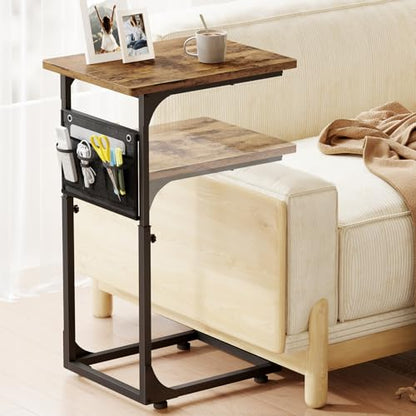 Fixwal C Shaped End Table Adjustable Height Side Table for Couch, TV Tray with Storage Bag Slide Under Sofa Small Tables for Living Room, Bedroom & Office, Rustic Brown - color: Rustic Brown, style: Long Board