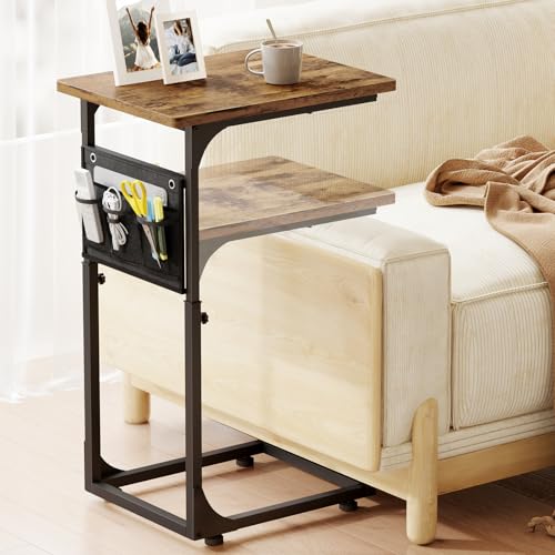 Fixwal C Shaped End Table Adjustable Height Side Table for Couch, TV Tray with Storage Bag Slide Under Sofa Small Tables for Living Room, Bedroom & Office, Rustic Brown - color: Rustic Brown, style: Long Board
