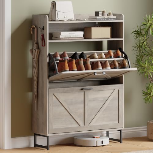 Xixini Shoe Storage Cabinet with 2 Flip Drawers, Entryway Shoe Rack, Grey | Narrow Slim Shoe Storage, Freestanding Hidden Wood Shoe Organizer, Modern Farmhouse, Open Storage & Hooks for Closet, Hallway - color: Grey, size: 2 Flip Drawers