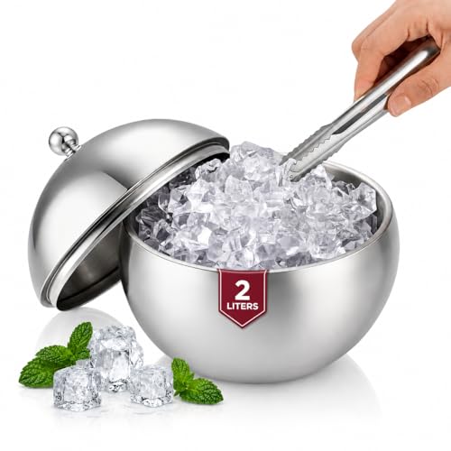 NUOBESTY Double Walled Ice Bucket with Lid and Tongs Stainless Steel Insulated Beverage Bucket for Wine Beer Juice Bar Parties Home Entertaining Spherical Shape 7.67 X 6.57 X 6.57 in