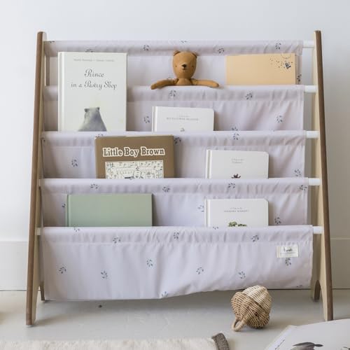 3 Sprouts Recycled Kids Bookshelf, Holds 35 Books, 4-Tier, Blueberry Taupe | Space-saving bookshelf, Children's room, Toddler bookcase organizer, Ages 3+, Book/toy storage, Front-facing, Covers visible - color: Blueberry Taupe