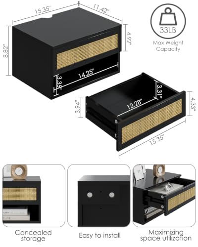 Floating Nightstand With Drawer - Small Modern Shelves for Bedroom, Bathroom (Black Rattan) - color: Black Rattan