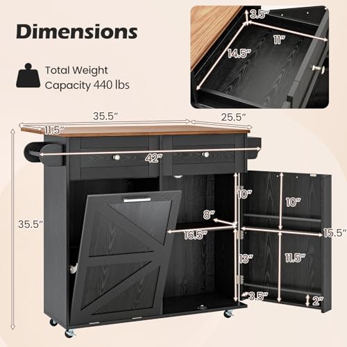 Giantex Kitchen Island Cart with Hidden Tilt Out Trash Can Cabinet, Drop Leaf, 2 Drawers, Towel Rack, Rolling Mobile Breakfast Bar Table, Wood Kitchen Storage Cart on Wheels (Black & Natural) - color: Black