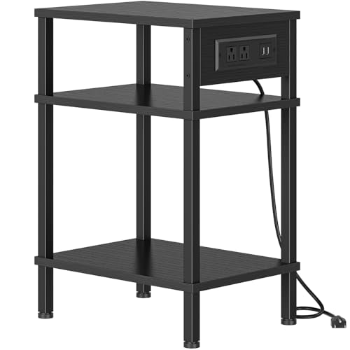 Creso hom Side Table with Charging Station, End Tables Living Room | 21.7 Inch Skinny Night Stand with Storage, Small Bedside Tables for Bedroom, Office, Dorm, Hallway, Black - color: Black, size: 14.96"D x 11"W x 21.7"H