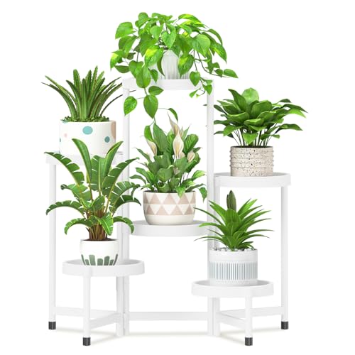 iDavosic.ly 6 Tier Folding Plant Stand Indoor Outdoor with Plastic Tray, Tiered Corner Flower Holder Shelf, Metal Orchid Display Rack for Patio Porch Living Room Garden Balcony, White - color: White, size: 6 Tiers
