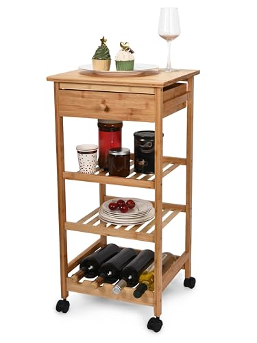 Kitchen Cart with Drawer and Basket - Brown Kitchen Cart Island for Small Spaces - Extra Counter Space or Spice Rack - Portable Dining Table with Wheels - Elegant Solid Wood Top, Spice Drawer
