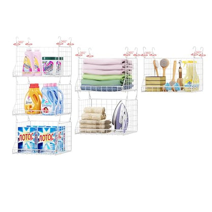 3-Tier Foldable Laundry Basket Organizer with Rotating Hooks(no wire shelf) | Space-Saving Over Washer and Dryer Shelf for Laundry Room Organization and Storage, Durable Wire Shelving Unit, White