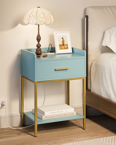 Nightstand with Charging Station,3-Tier Modern Bedside Table Night Stand with Storage Drawer and Open Shelf,Small End Side Table for Bedroom,Living Room,Blue - color: Blue With Charging Station