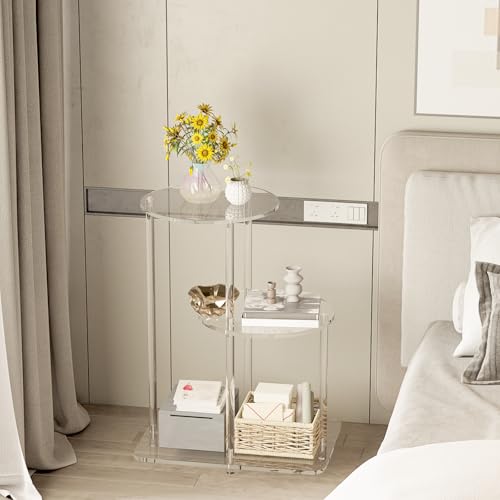 Clear Acrylic 3-Tier Round Side Table, Modern Step End Table Nightstand or Plant Stand for Living Room, Bedroom, or Entryway, 16.7" L x 11.8" W x 22.8" H (Round)