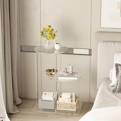 Clear Acrylic 3-Tier Round Side Table, Modern Step End Table Nightstand or Plant Stand for Living Room, Bedroom, or Entryway, 16.7" L x 11.8" W x 22.8" H (Round)