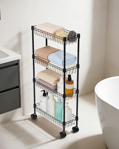 4-Tier Slim Rolling Storage Cart, 5.91" Wide Narrow Metal Utility Cart on Wheels, Multi-Functional Adjustable Shelving Unit with Anti-Fall Pads for Kitchen Gap, Bathroom, Laundry Room, Black - size: 4-tier