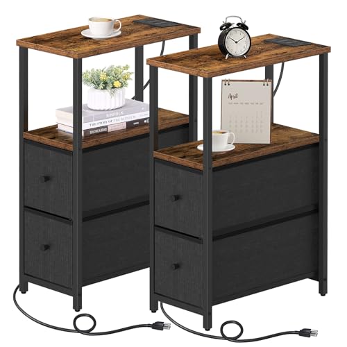 TUTOTAK Small Narrow End Table with Charging Station, Set of 2, Side Table with Outlets, Nightstand with 2 Cloth Drawers, Couch Table, for Living Room, Bedroom, Bedside, Brown and Black TB01BB055K - color: Brown and Black, style: 2 Drawers & Plug