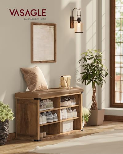 VASAGLE LIRY Collection - Shoe Storage Bench with Removable Cushion, Shoe Rack with Padded Seat, Entryway Bench with 6 Open Compartmens, Adjustable Shelves, Honey Brown ULSB105K01 - color: Honey Brown, size: 12.2"D x 40.2"W x 20"H