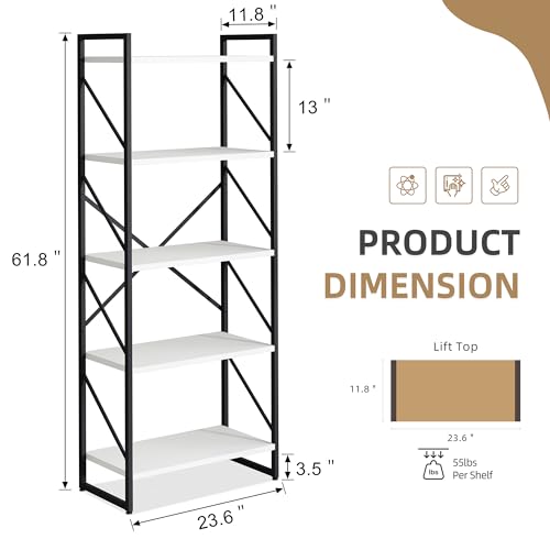 Vongrasig 5 Tier Bookshelf, Modern Tall Bookcase, Industrial Book Shelves Display Standing Shelf, Free Standing Storage Organizer for Bedroom, Living Room, White - color: White