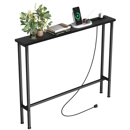 39" Sofa Table Narrow Long with Power Outlets & 2 USB Ports, Metal Frame Behind Couch Table Behind Sofa Perfect for Hallway, Living Room, Entrance - Easy Assembly, 4.9' Extension Cord Included - color: Black, size: 39IN