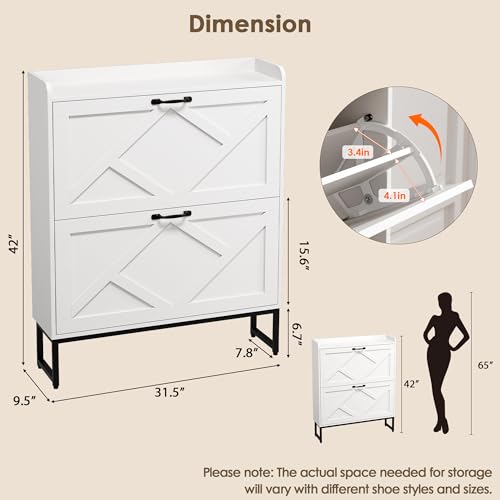 Nicetree Shoe Storage Cabinet with 2 Flip Drawers, Freestanding Shoe Organizer, Shoe Cabinet with Metal Legs, Narrow Shoe Rack Cabinet, Farmhouse Slim Shoe Cabinet for Entryway, Foyer, Hallway, White - color: White