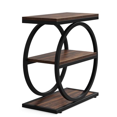 LITTLE TREE 3-Tier End Table Set of 2, Industrial Side Table with Storage Shelves, Small Sofa Side Table for Living Room, Wooden Side End Table with Round Metal Legs, Slim Nightstand and Bedside Table - color: Brown and Black