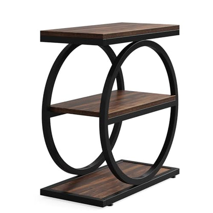 LITTLE TREE 3-Tier End Table Set of 2, Industrial Side Table with Storage Shelves, Small Sofa Side Table for Living Room, Wooden Side End Table with Round Metal Legs, Slim Nightstand and Bedside Table - color: Brown and Black
