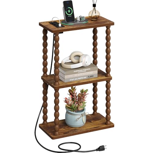 ELYKEN Narrow Side Table with Charging Station, 3-Tier Skinny Bedside Table | Small End Tables Living Room with USB Port and Outlet, Nightstands with Storage Shelf for Bedroom - color: Rustic Brown
