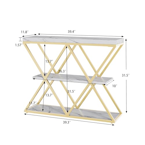 Garvee 3 Tier Console Table,39" Industrial Entryway Table,Open Wood Shelves | Sofa Table,Narrow Wood Accent Tables with Metal Frame for Hallway,Living Room,Behind Couch,Foyer,Entrance,White - color: White + X-shaped