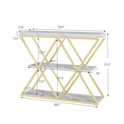 Garvee 3 Tier Console Table,39" Industrial Entryway Table,Open Wood Shelves | Sofa Table,Narrow Wood Accent Tables with Metal Frame for Hallway,Living Room,Behind Couch,Foyer,Entrance,White - color: White + X-shaped