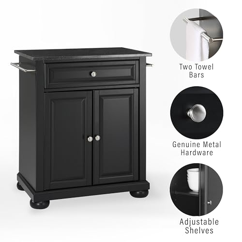 Crosley Furniture Alexandria Granite Top Small Portable Rolling Kitchen Island Storage Cart, Microwave Stand, Black - color: Black, style: Solid Black Granite Top