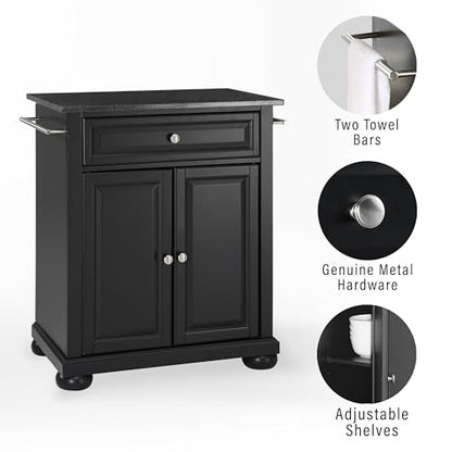 Crosley Furniture Alexandria Granite Top Small Portable Rolling Kitchen Island Storage Cart, Microwave Stand, Black - color: Black, style: Solid Black Granite Top