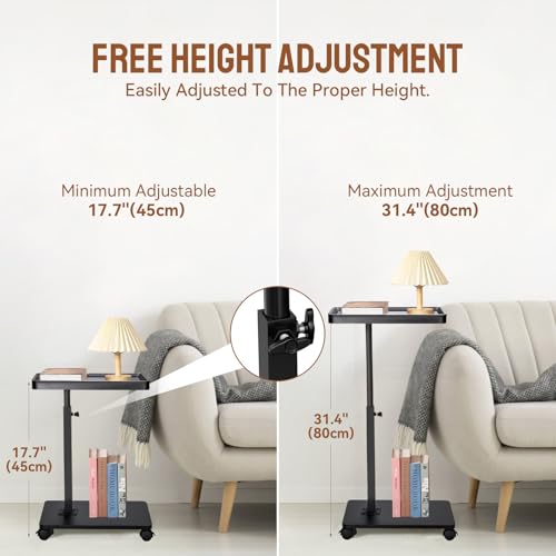 Adjustable C Shaped Side Table, C Table End Tables with Wheels for Sofa, 360° Swivel Sofa Tables for Livingroom,Bedroom,Study and Small Spaces (Glossy Black) - color: Glossy Black With Wheels