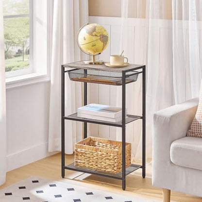 HOOBRO 28.7 Inch Tall Side Table, 3-Tier Industrial Telephone End Table with Adjustable Metal Mesh Basket, Desk Side Table with Storage Shelves, for Living Room, Bedroom, Office, Greige BG06DH01 - color: Greige + Black