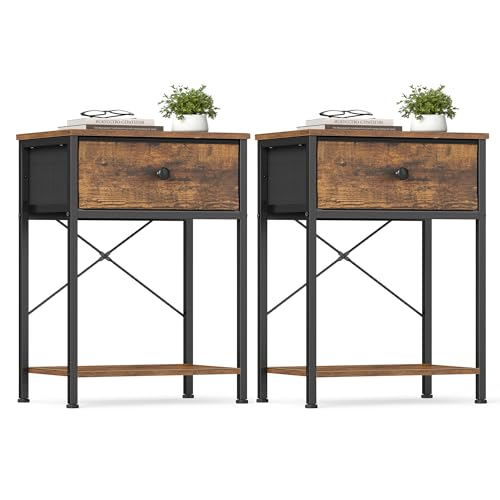SONGMICS Bedside Table with Drawer, Nightstand with Lower Shelf | Side Table for Bedroom, Living Room, Set of 2, Rustic Brown, BELLAH Collection, ULGS111K101S - color: Rustic Brown, style: 1 Drawer-2Pc