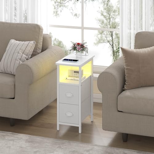 sthmec Narrow End Table with Charging Station, Narrow Side Table with 2 Fabric Drawers, LED End Table, Slim Nightstand with LED Light, Small Side Table for Small Spaces, Living Room, Bedroom, White - color: White, size: 7.87'' W x 15.75'' D x 24.37'' H, s
