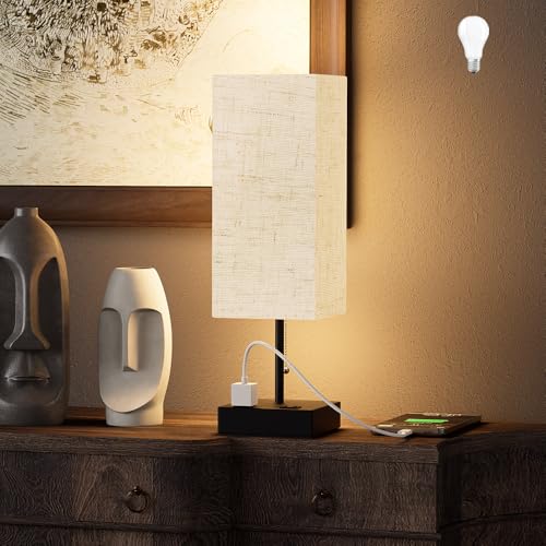 YIDPU Table Lamp for Bedroom with USB,Bedside Lamp with USB C+A Charging Ports,Adjustable 3color LED Light for Home Decor/Nightstand/Office,Included Bulb and Fabric Lamp Shade (Linen White, 1PCS) - color: Linen White, size: 1PCS
