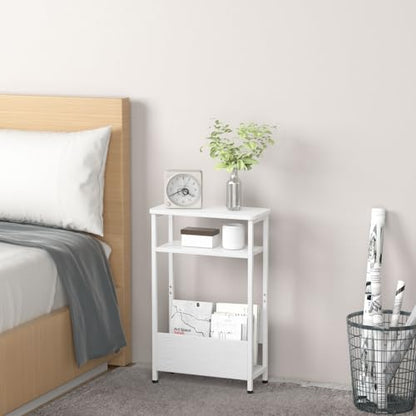 THUMEYE 7.1" Narrow Side Table for Small Spaces, 3 Tier Small End Table with Magazine Holder, Slim/Skinny Nightstand/Bedside Table for Living Room, Bedroom, 15.4" L x 24.2" H, White - color: White