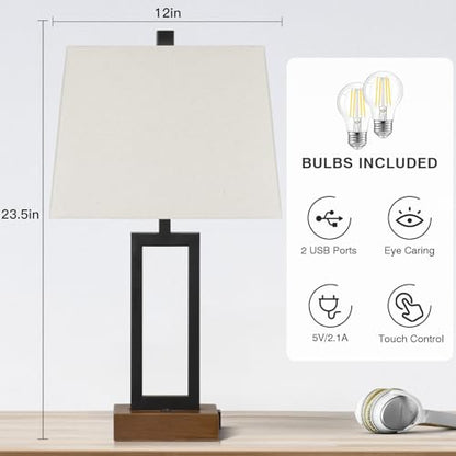 Rinweey 23.5" Table Lamps Set of 2, Modern Black Bedside Lamps with 2 USB Ports & AC Outlet, Contemporary Nightstand Lamps with Wood Base for Bedroom Living Room(LED Bulb Included) - color: Black