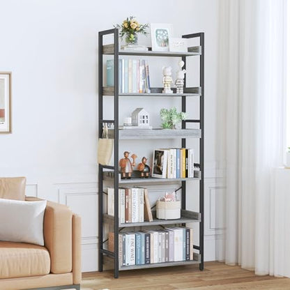 HCHQHS 6 Tier Bookshelf, Adjustable Industrial Bookcase, Vertical Tall Book Shelf, Wood and Black Metal Open Bookshelves for Home Office, Living Room, Bedroom - color: Grey, size: 6-Tier (24"W x 70"H)