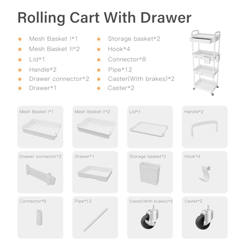 4 Tier Rolling Utility Cart with Drawer,REBECAT Utility Cart Made of Multifunctional Storage Organizer Tool for Kitchen,Bathroom,Living Room,Office(Gray) - color: White