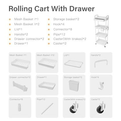 4 Tier Rolling Utility Cart with Drawer,REBECAT Utility Cart Made of Multifunctional Storage Organizer Tool for Kitchen,Bathroom,Living Room,Office(Gray) - color: White